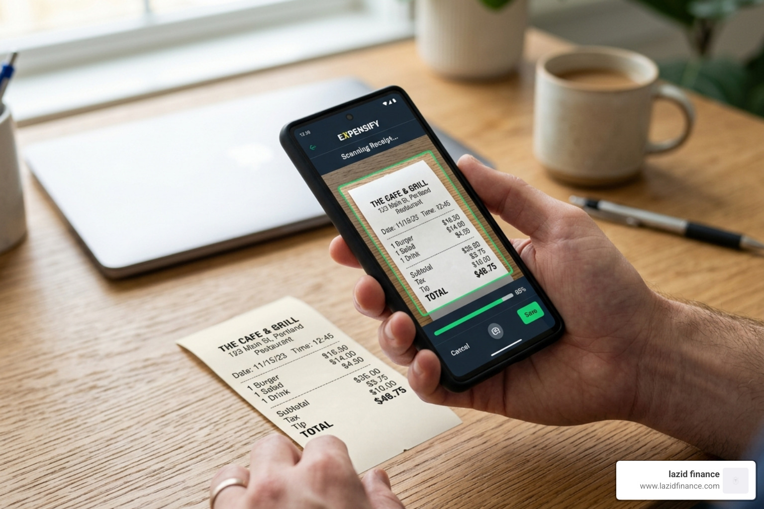 User scanning a paper receipt with a mobile app to automate expense entry - expense tracker