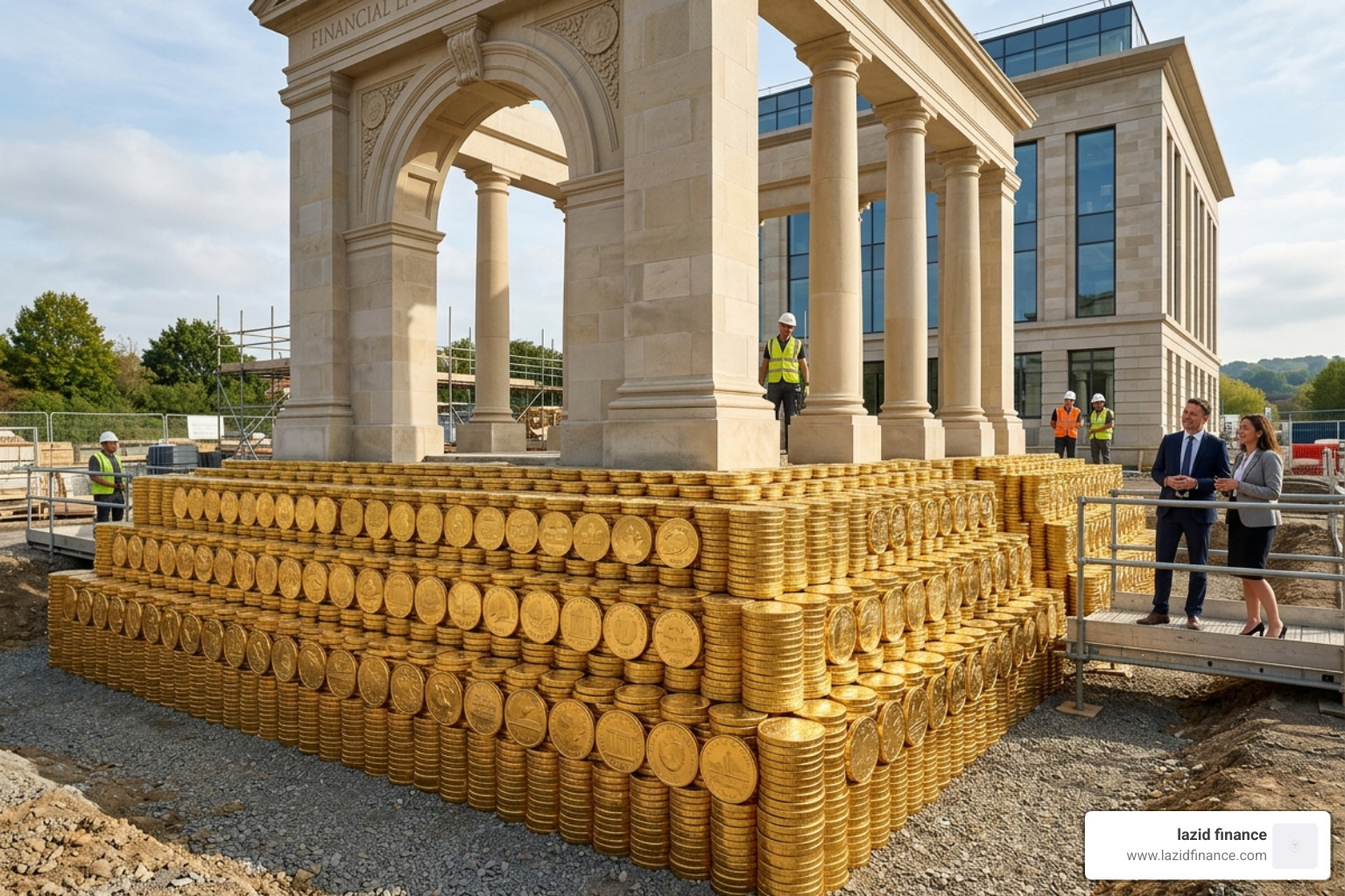 A solid architectural foundation made of gold coins representing financial literacy - personal finance and investing