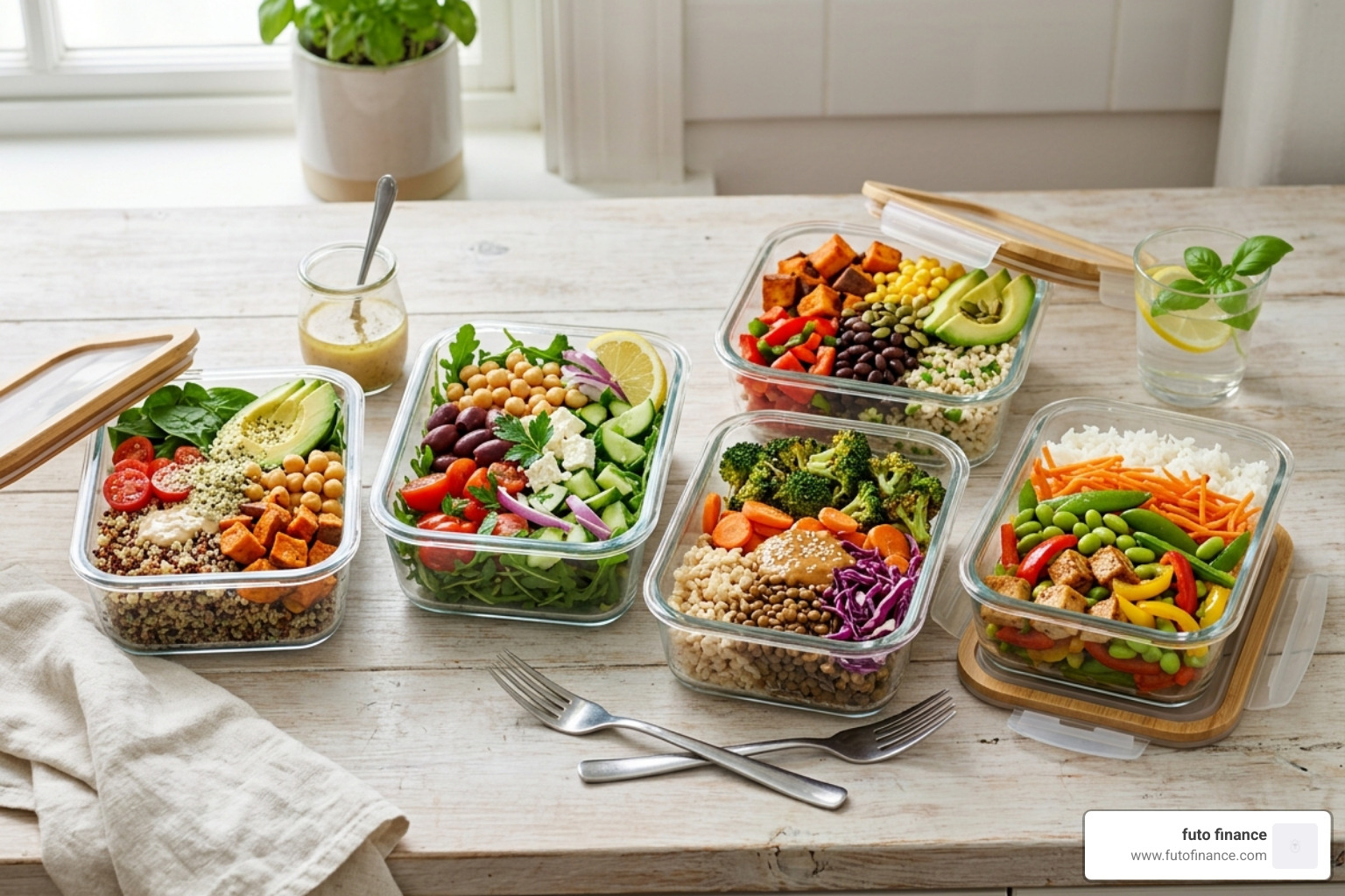 meal-prepped vegan lunches in glass containers - healthy vegan lunch recipes for weight loss