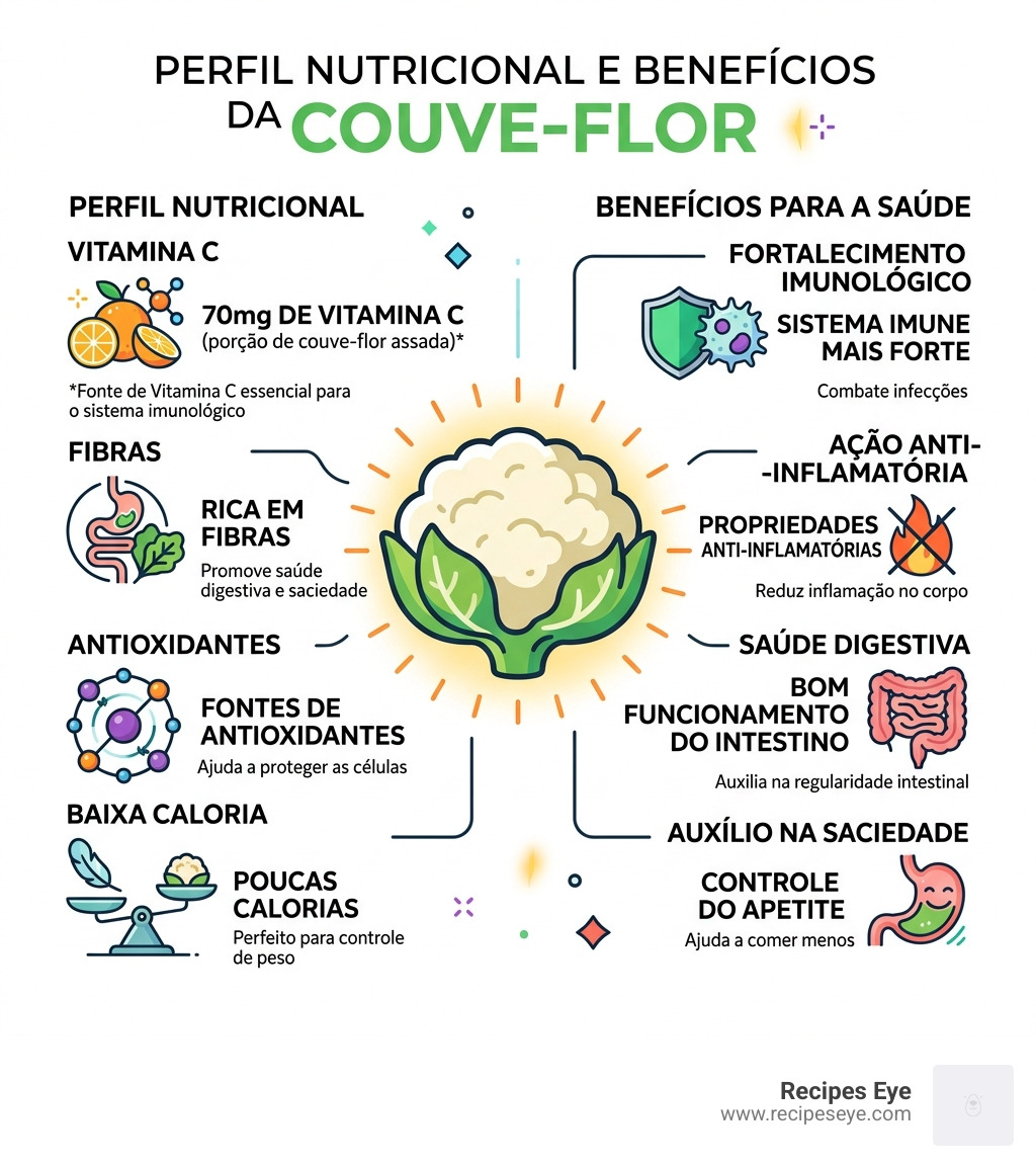 Cauliflower nutritional profile and health benefits infographic - Couve flor receitas infographic 