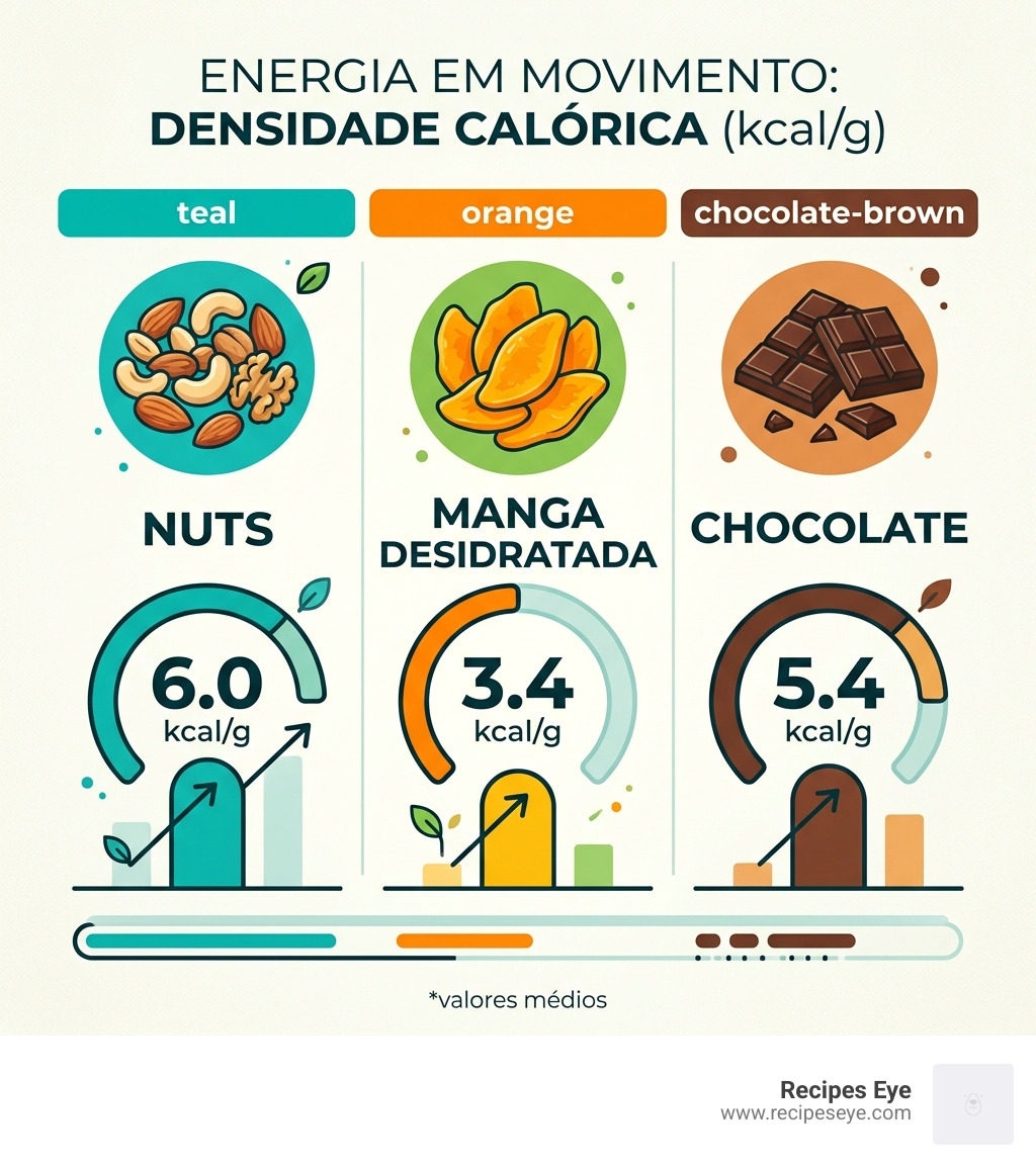 Table comparing energy density: Nuts (6kcal/g), Dried Mango (3.4kcal/g), Chocolate (5.4kcal/g) - guia receitas mochileiro