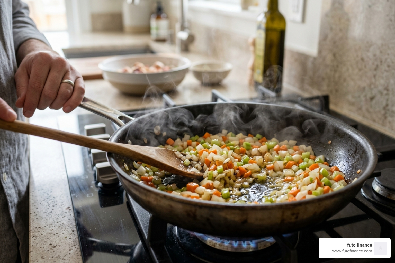 Finely diced vegetables sautéing in a pan for a vegan bolognese base - simple vegan bolognese pasta