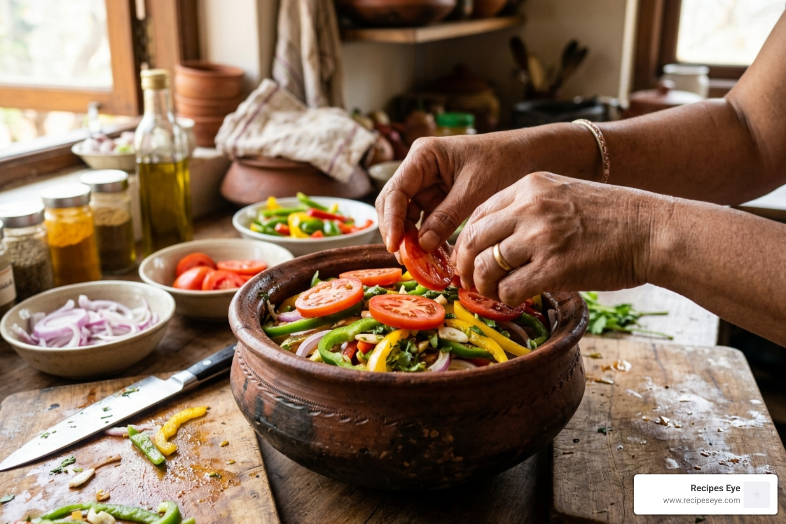 layering vegetables in a traditional clay pot - peixe com leite de coco