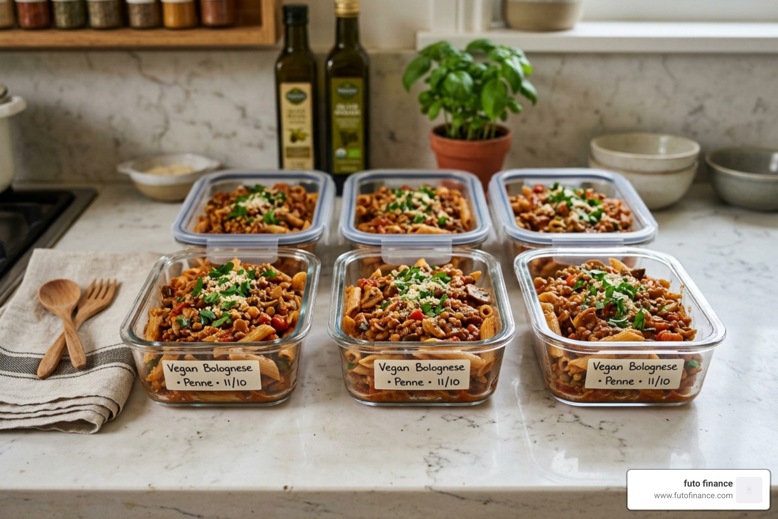 Glass meal prep containers filled with vegan bolognese pasta - simple vegan bolognese pasta