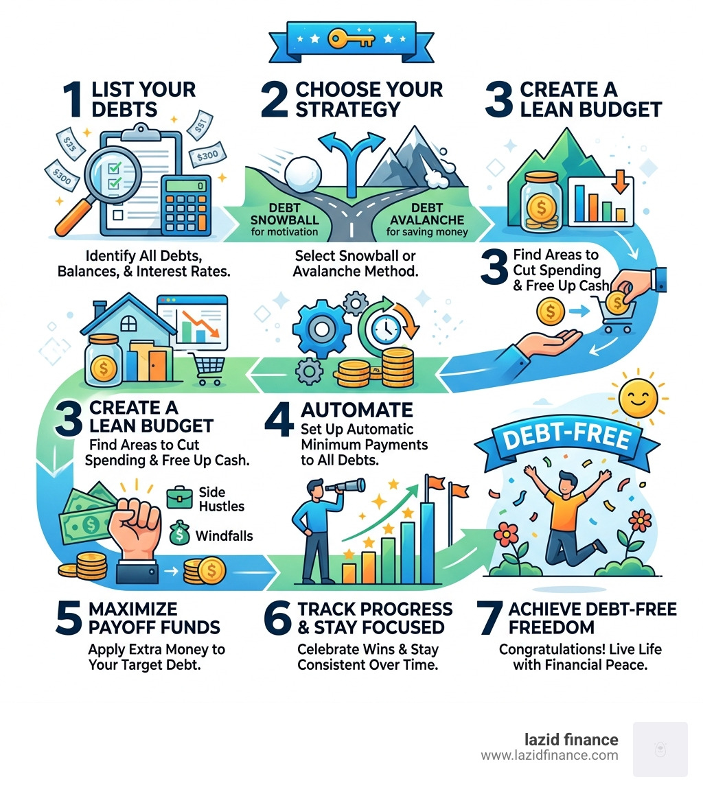 Step-by-step infographic showing the debt-free journey from listing debts to payoff - how to pay off bills fast infographic 