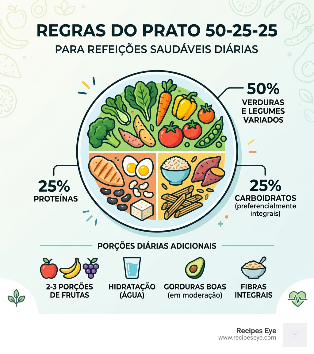 infographic showing the 50-25-25 plate rule with food groups and daily portions - refeições saudáveis diárias infographic 