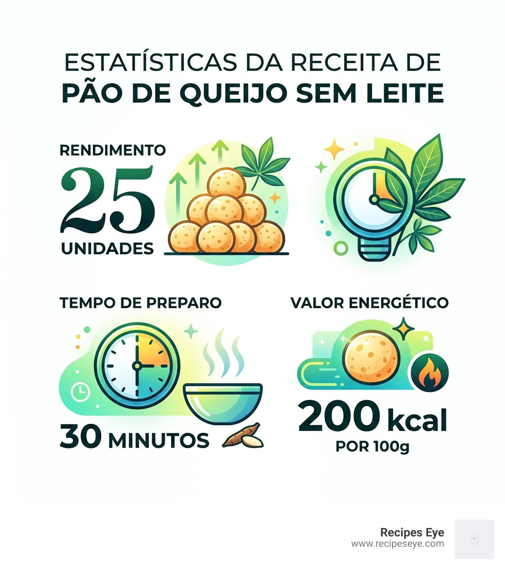 Infographic: recipe statistics - 25 units, 30 min prep, 200 kcal per 100g - pao de queijo sem leite receita