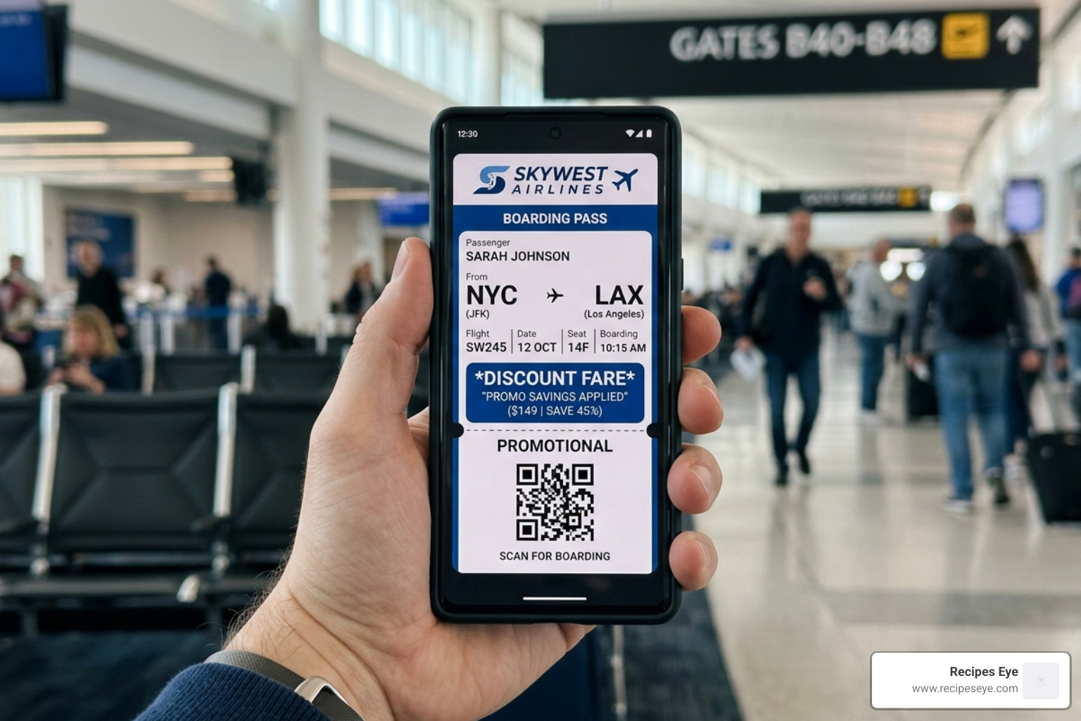 Digital boarding pass on a smartphone screen showing a promotional fare - promoções de passagens