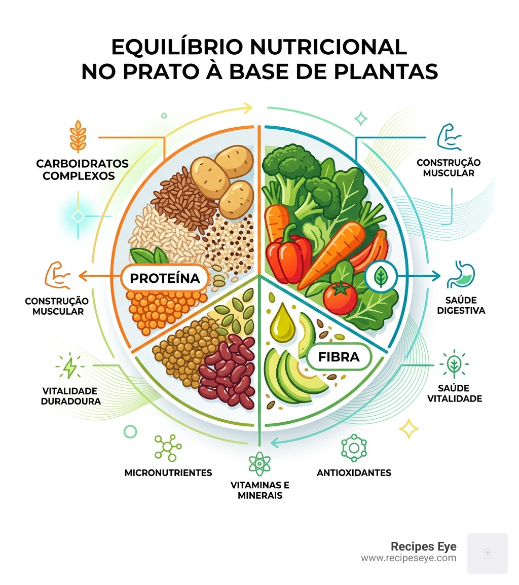 infographic showing nutritional balance of a plant-based plate with protein fiber and carb breakdown - receitas veganas