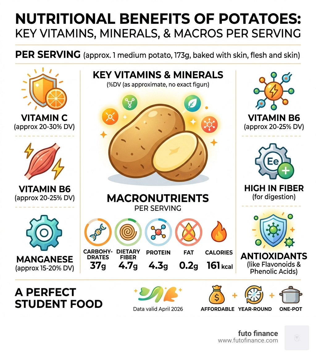 nutritional benefits of potatoes infographic showing key vitamins, minerals, and macros per serving - simple vegan potato