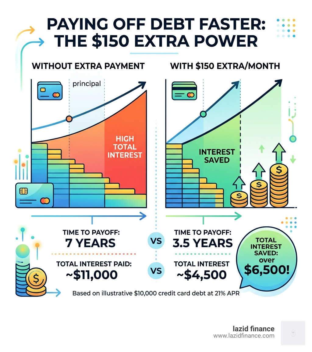 Infographic showing how much interest is saved by adding just $150 extra per month to payments - how to pay off bills fast