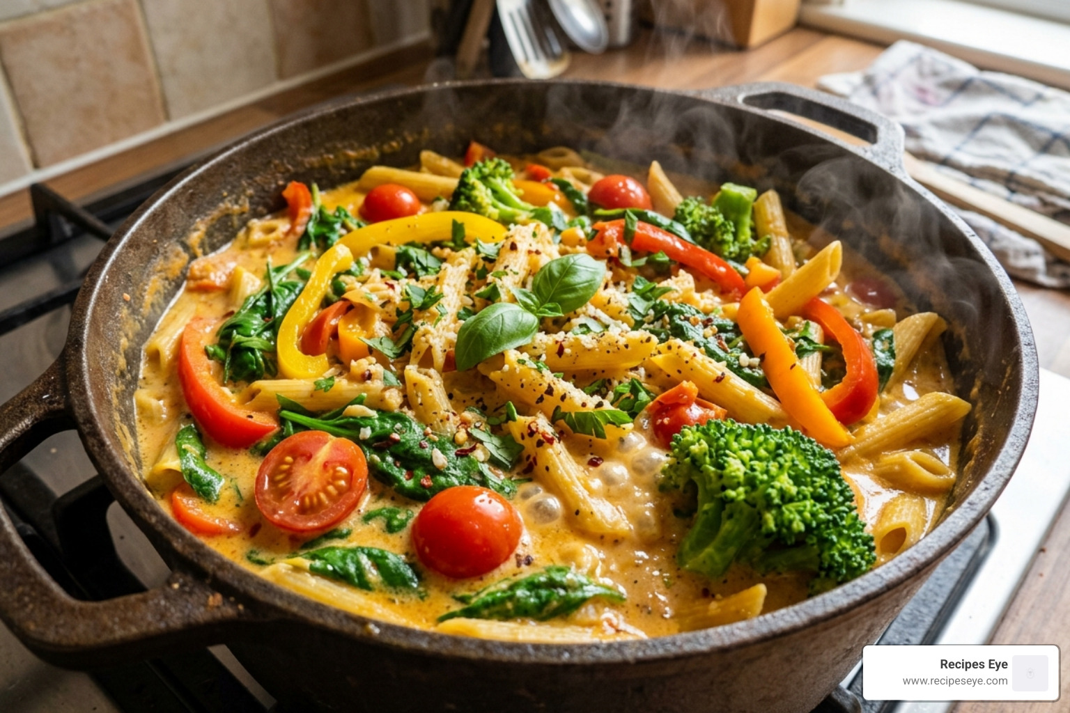massa one-pot com vegetais coloridos e molho cremoso - receitas veganas fáceis
