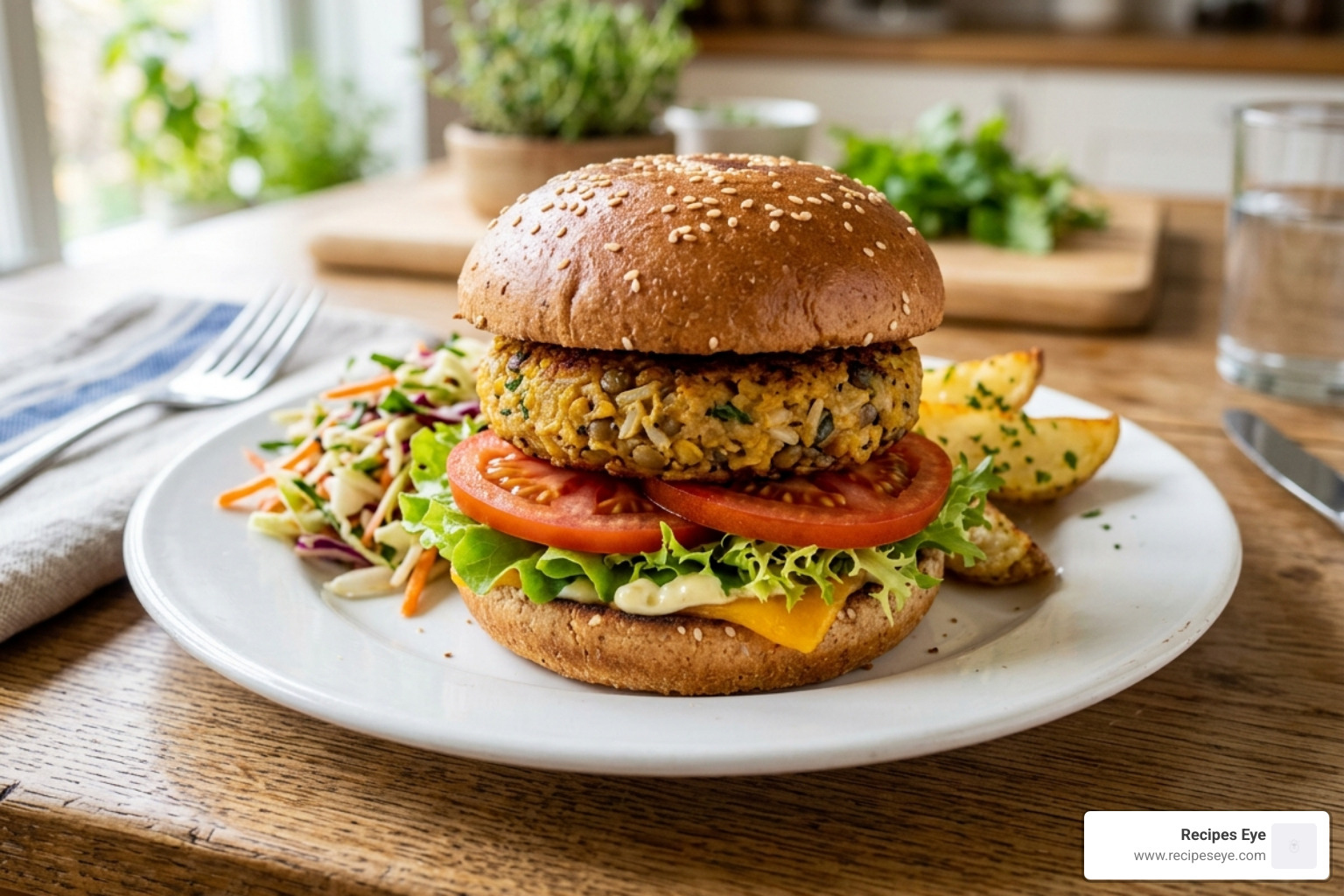 golden lentil and rice burger on a plate with fresh lettuce and tomato - receitas veganas saudáveis baratas