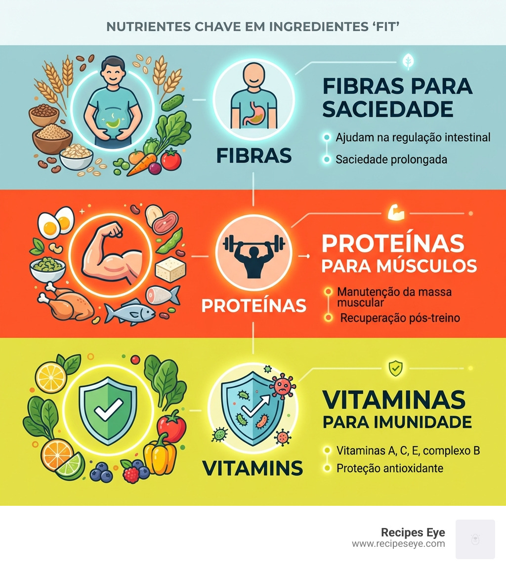 Infographic highlighting key nutrients in fit ingredients: Fiber for satiety, Protein for muscle, and Vitamins for immunity