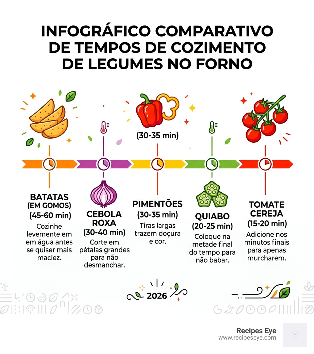 infográfico comparativo de tempos de cozimento de legumes no forno - coxa de frango assada infographic 