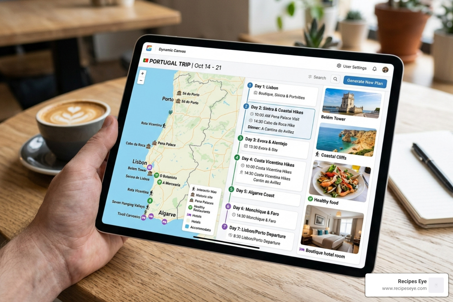 AI-generated trip plan on a digital canvas with maps and photos - google travel