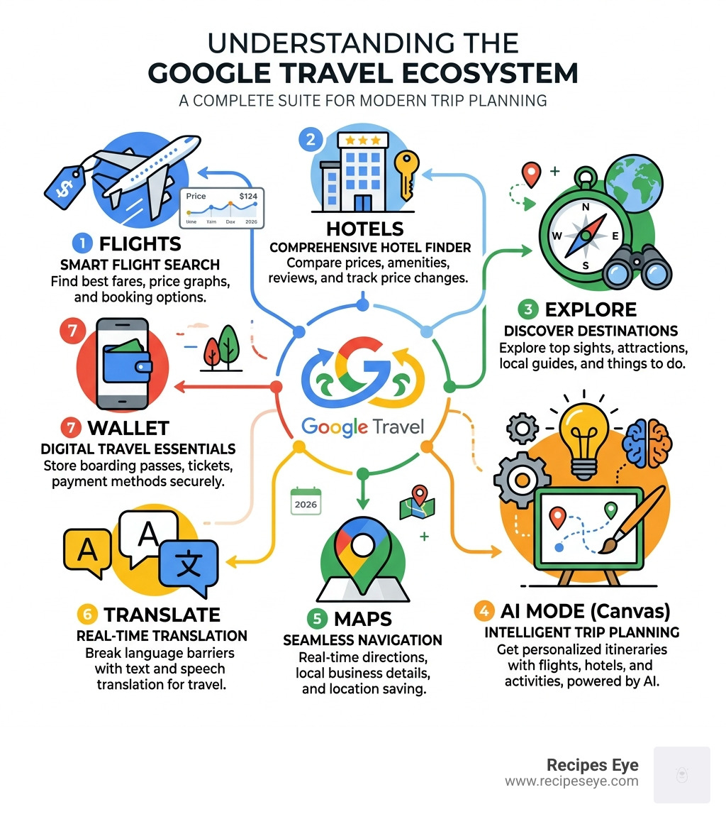 Google Travel ecosystem infographic showing Flights, Hotels, Explore, AI Mode, Maps, Translate, and Wallet - google travel