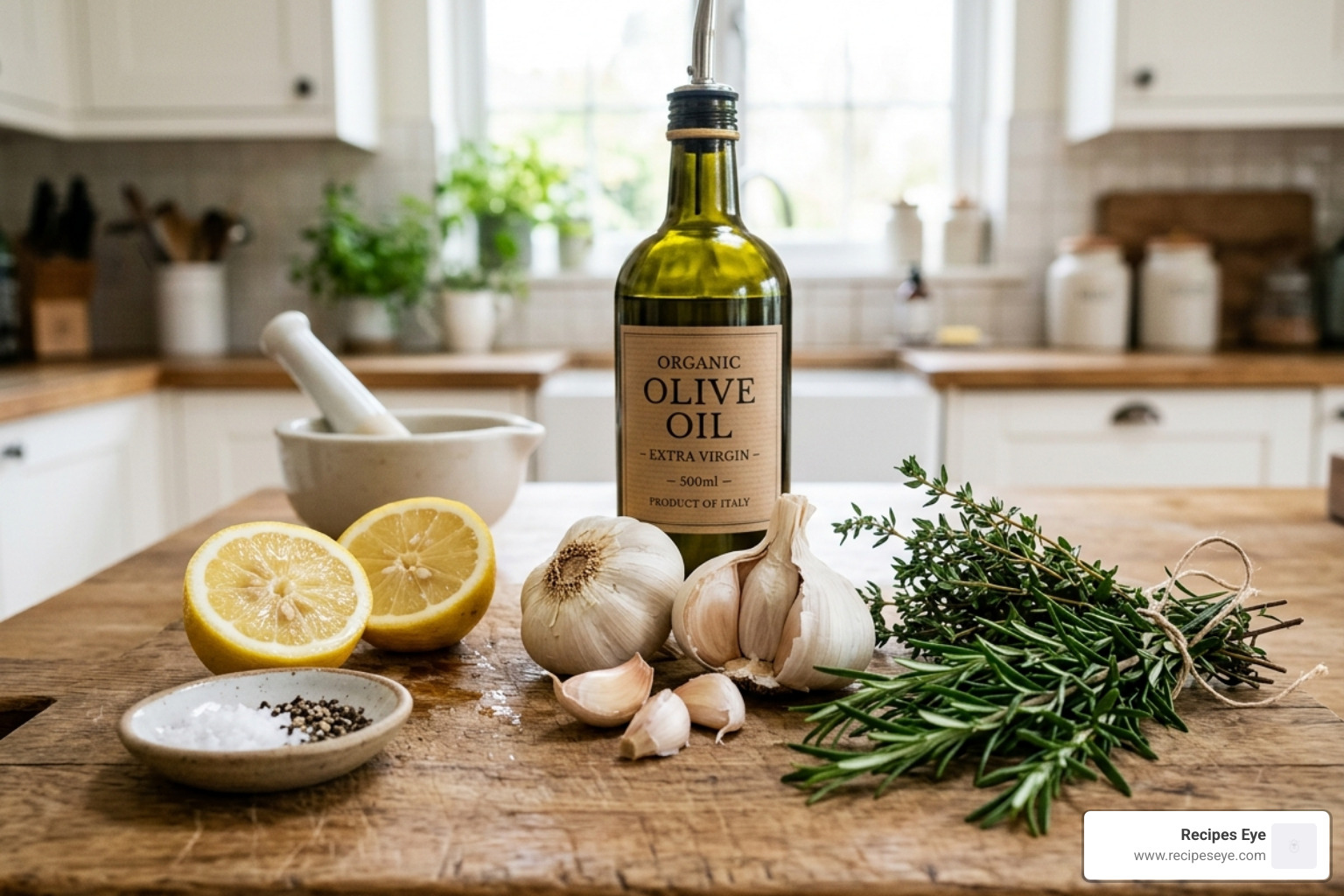 ingredientes frescos para marinada de frango com alho, limão e ervas - coxa de frango assada