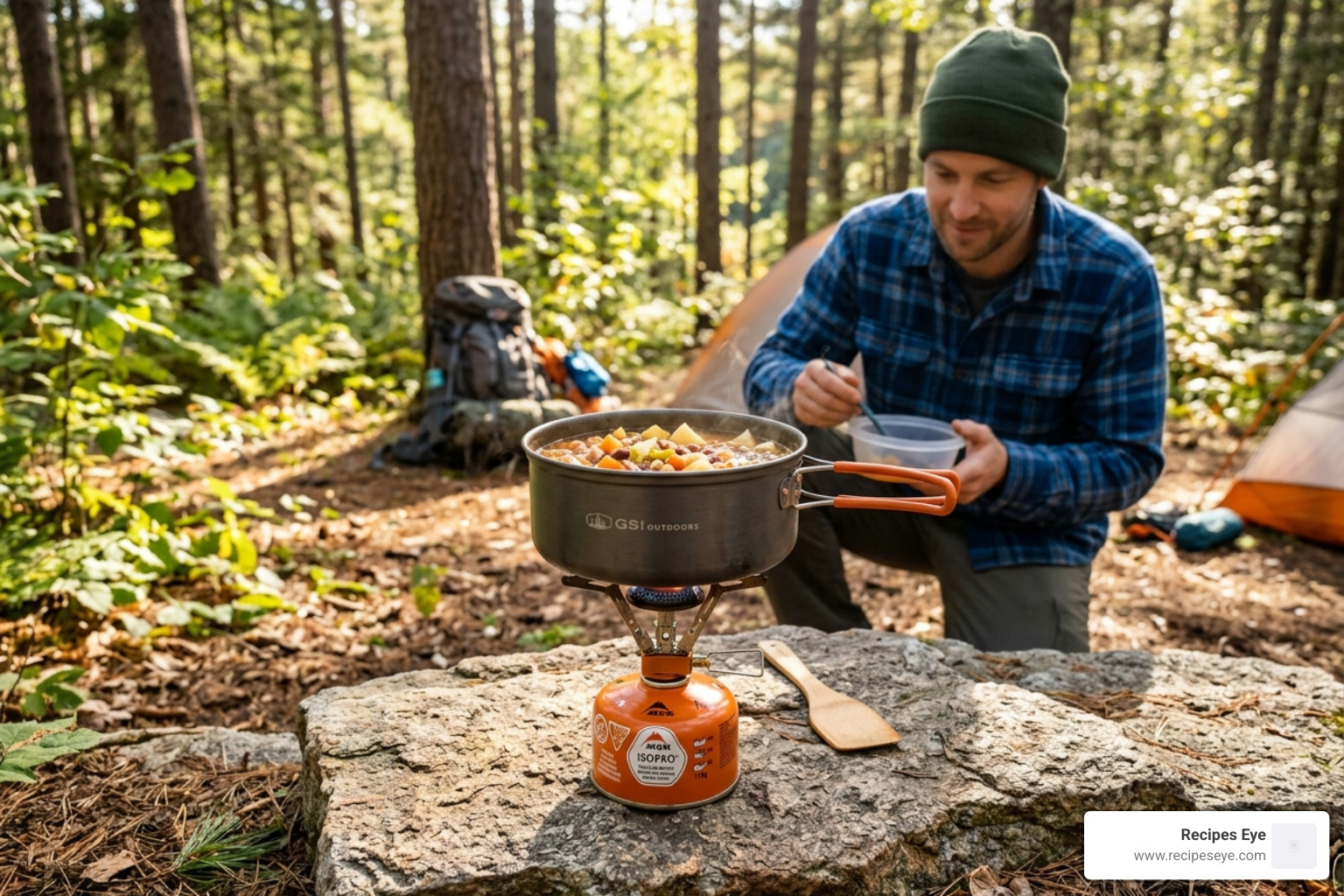 compact camping cookware set being used in a forest clearing - guia receitas mochileiro saudável