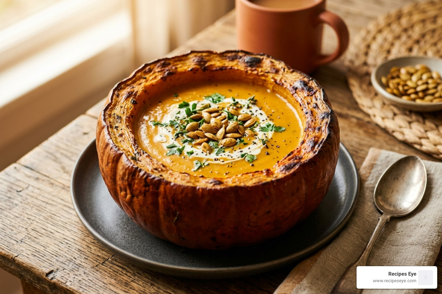 Creamy pumpkin soup served in a hollowed-out roasted pumpkin decorated with seeds and herbs - Sopa abóbora gengibre