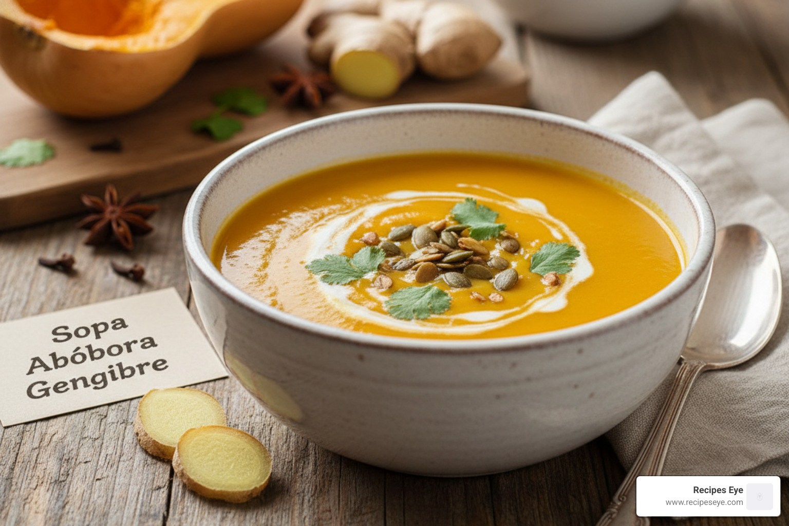 Fresh ingredients for pumpkin and ginger soup including butternut squash, ginger, and garlic - Sopa abóbora gengibre