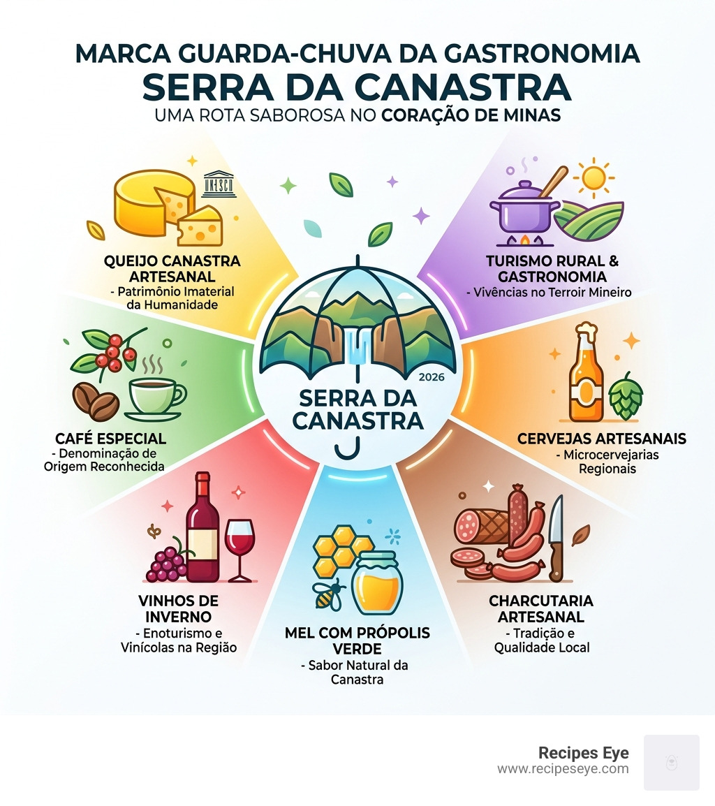 infographic showing Serra da Canastra umbrella brand with cheese, coffee, wine, honey, charcuterie and beer icons - roteiro
