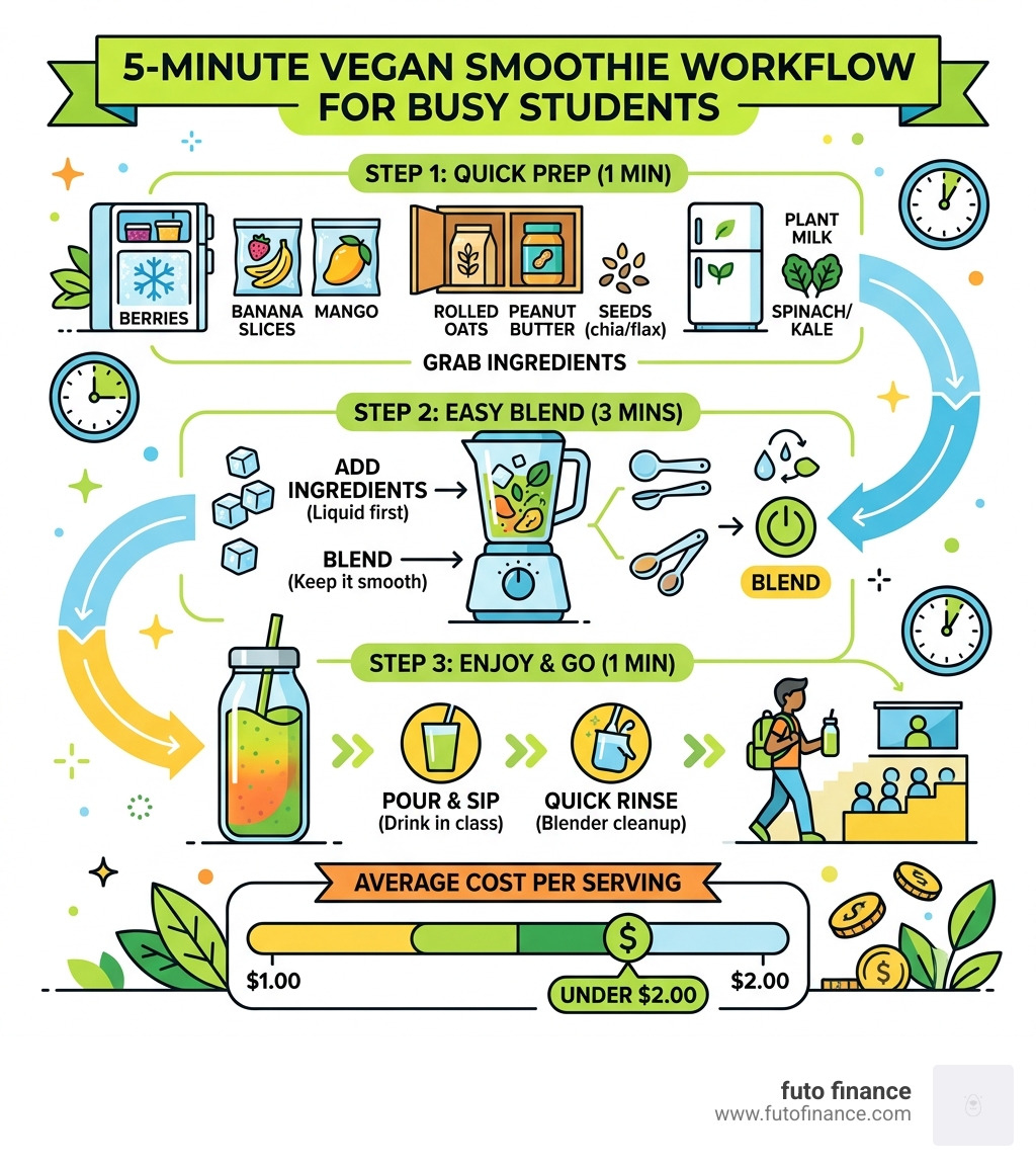 5-minute vegan smoothie workflow infographic for busy students showing ingredients, blending steps, and cost - vegan