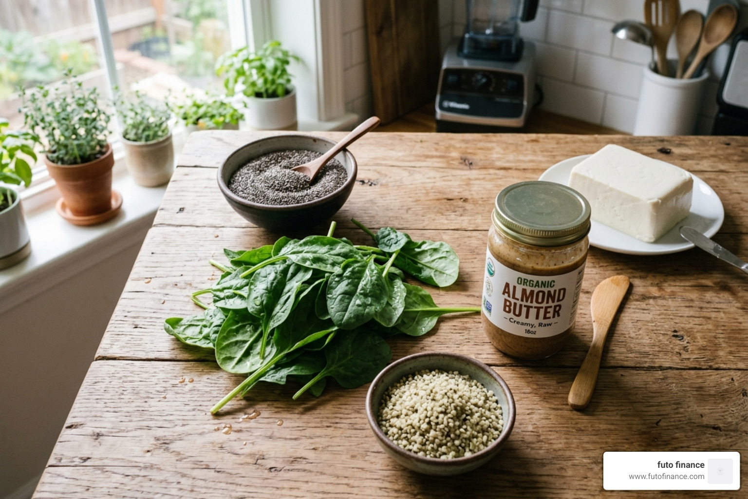 smoothie components like chia seeds, spinach, and almond butter laid out on a table - vegan breakfast smoothies students