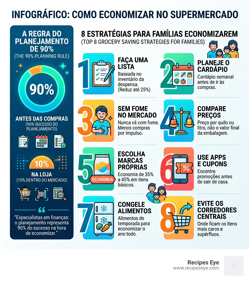 Infographic: 90% planning rule and top 8 grocery saving strategies for families - como economizar supermercado infographic 