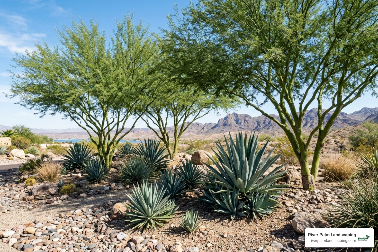 mature Palo Verde trees and Agave groupings in a desert garden - desert garden design havasu