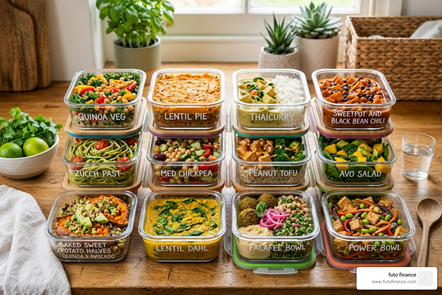 A colorful meal prep spread showing various vegan dishes in glass containers - simple vegan bean soup