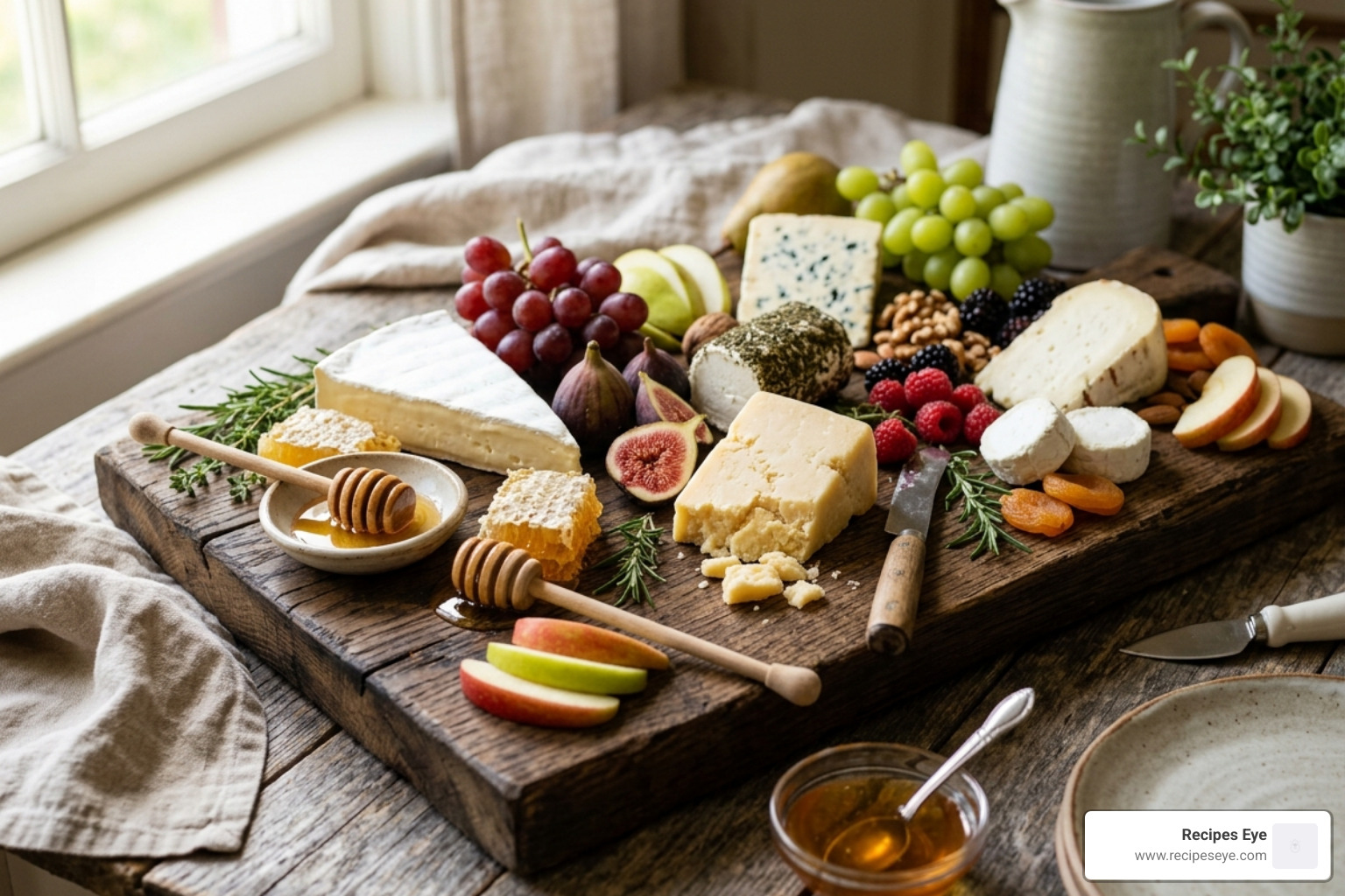 Artisanal cheeses, fresh honeycomb, and seasonal fruits on a rustic wooden board - fim de semana brunch natureza