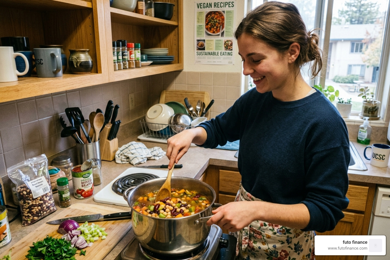 A student cooking a one-pot vegan bean soup in a small dorm kitchen - simple vegan bean soup