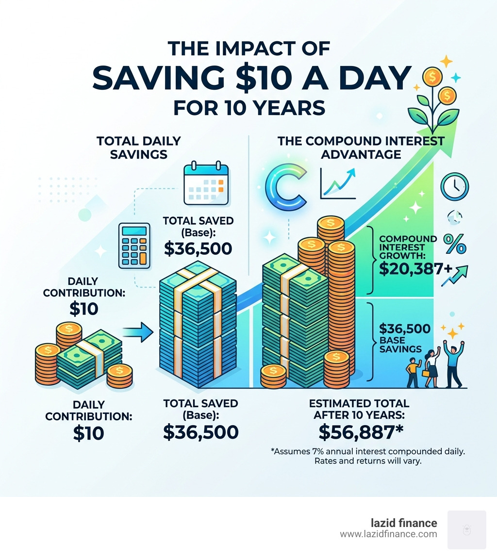 Infographic showing the impact of saving $10 a day over 10 years with compound interest - daily budget tracker infographic 