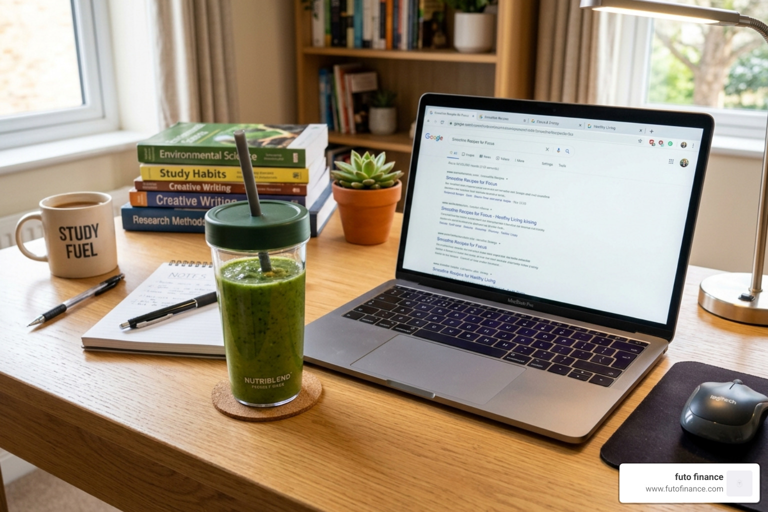portable smoothie cup next to a laptop on a study desk - vegan breakfast smoothies students
