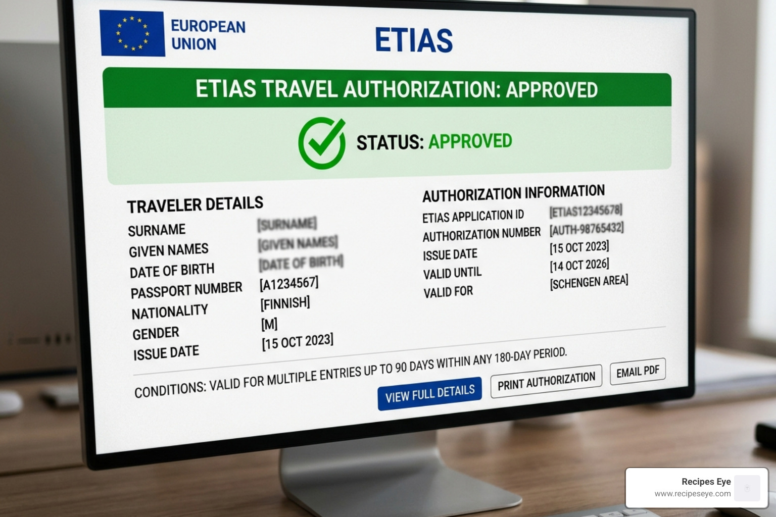 Tela do sistema ETIAS mostrando a autorização eletrônica aprovada - documentos viagem europa
