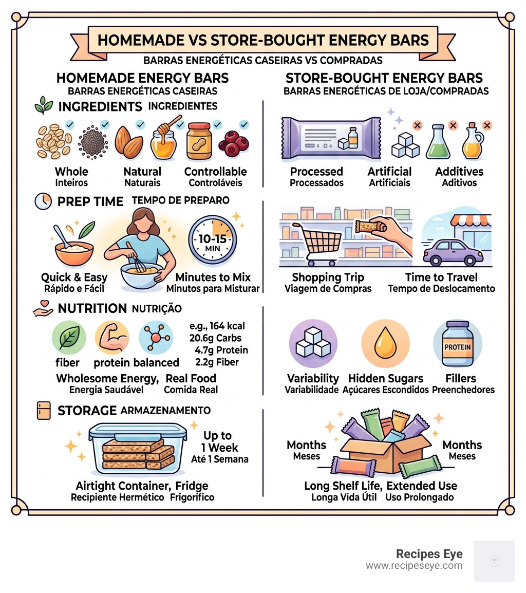 Infographic: homemade vs store-bought energy bars — ingredients, prep time, nutrition, and storage - barras energéticas