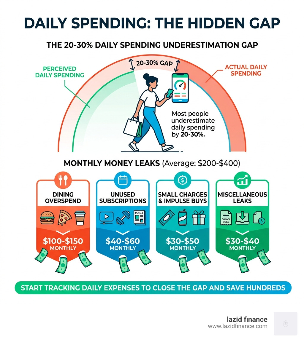 Infographic showing the 20-30% daily spending underestimation gap and monthly money leaks by category - daily budget tracker
