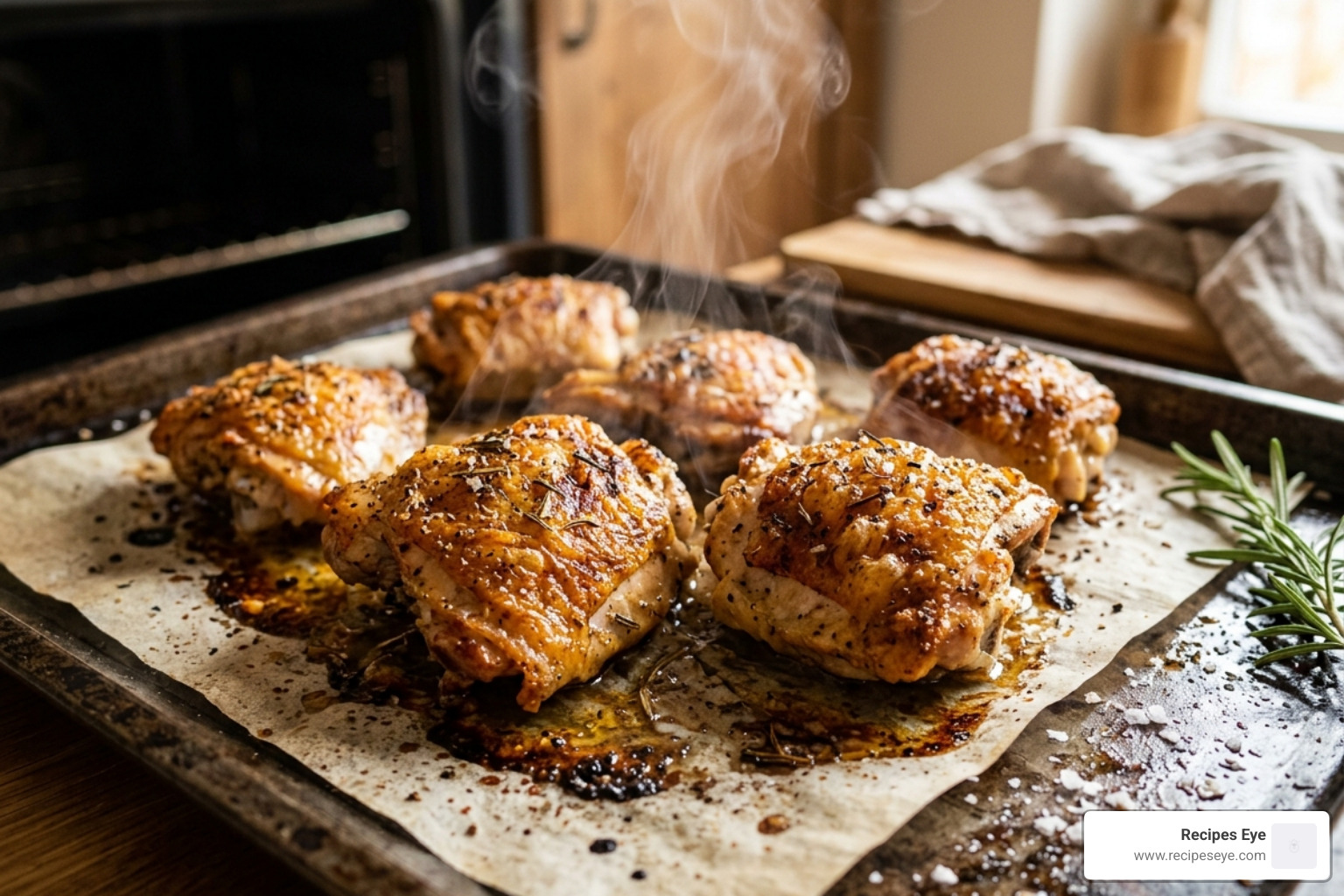 coxa de frango assada com pele dourada e crocante saindo do forno - coxa de frango assada