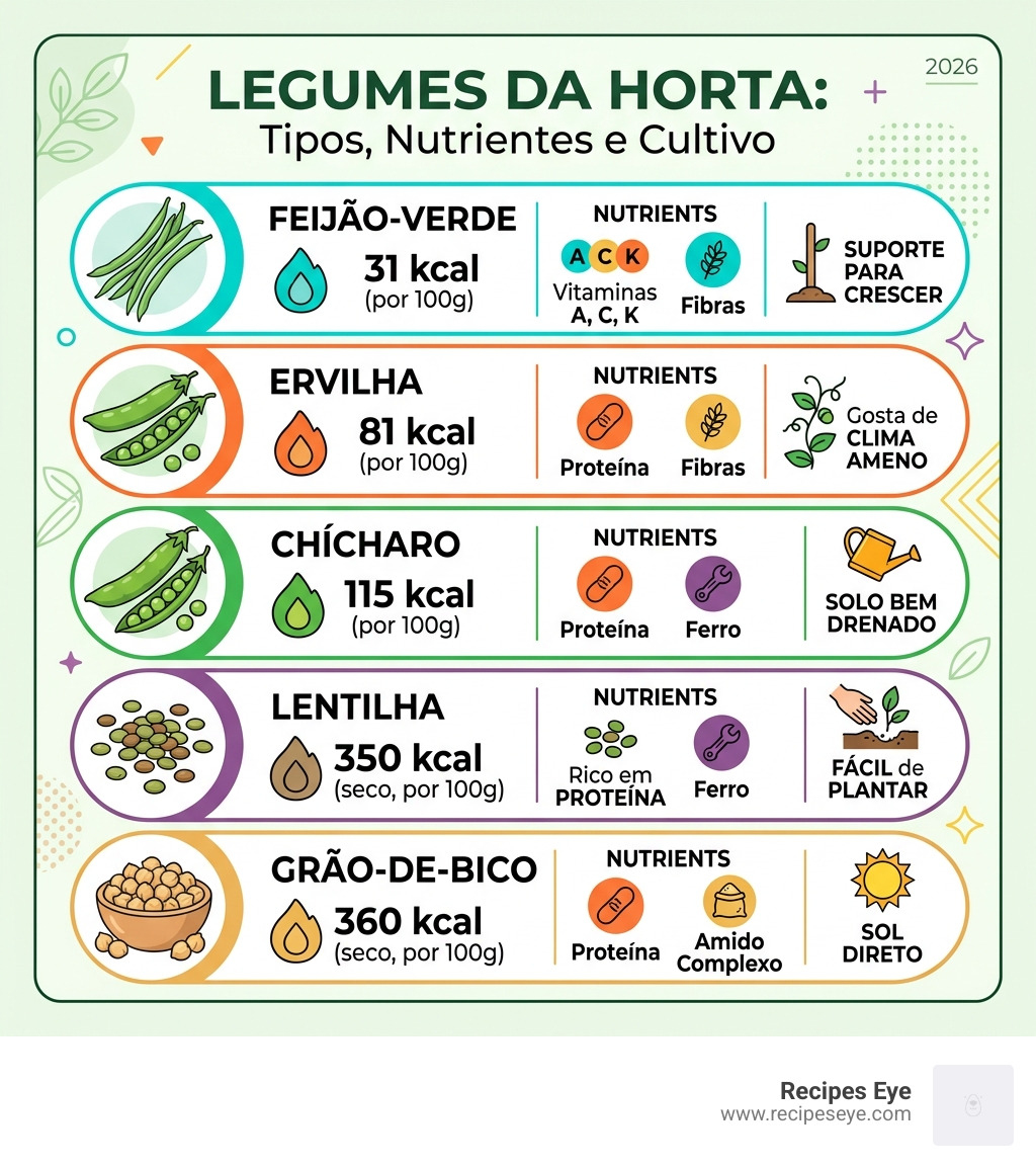 infographic showing types of legumes da horta, their calories, nutrients, and growing tips - Legumes da horta infographic 