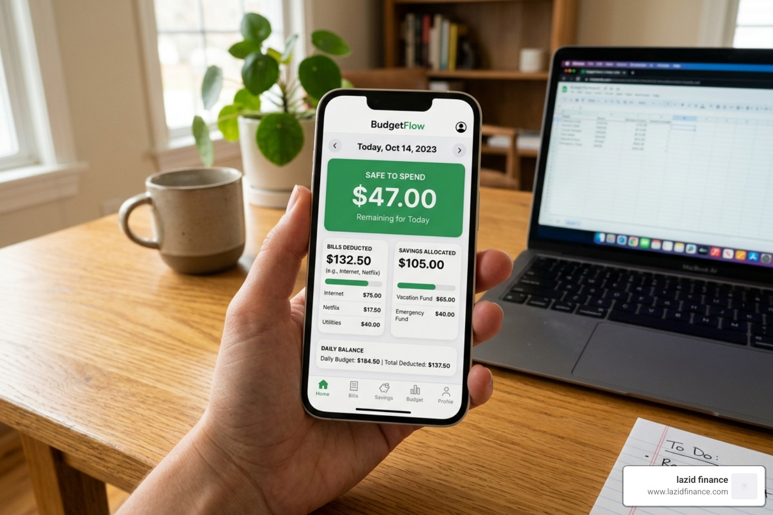 A dashboard showing a "safe to spend" number for the day after bills and savings are deducted - daily budget tracker