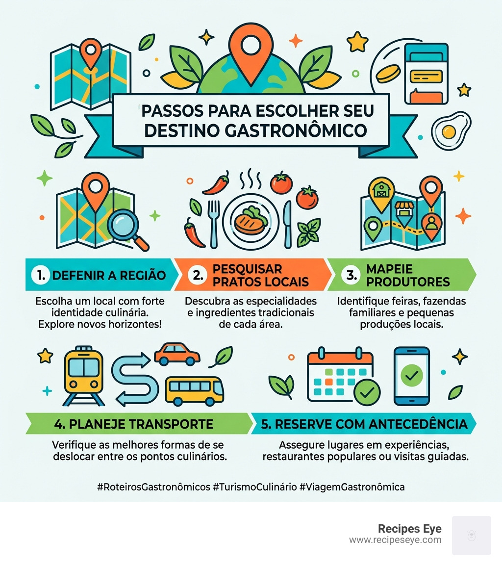 Steps to choose a culinary destination: define region, research local dishes, map producers, plan transport, book in advance