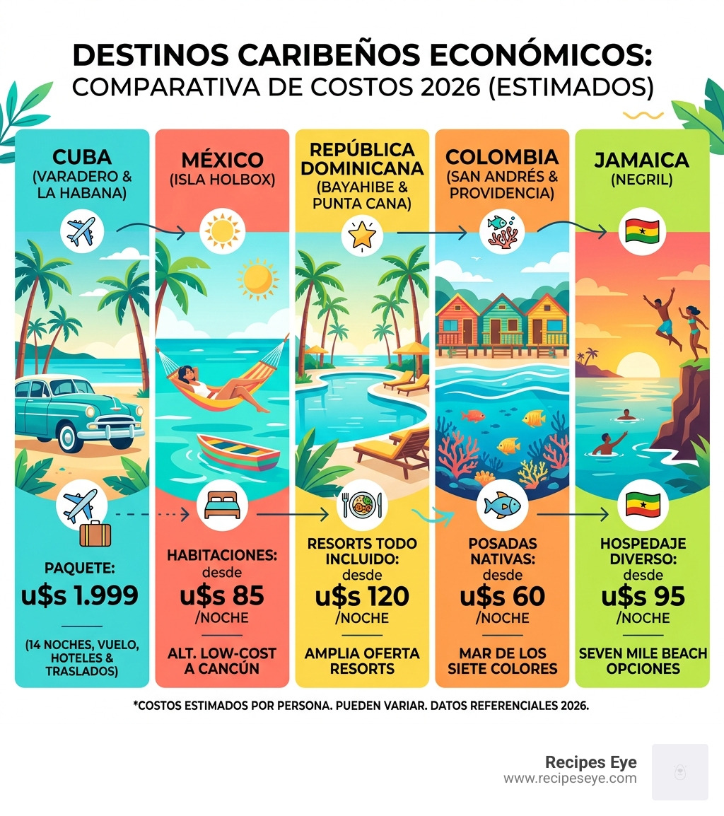 Infographic comparing top cheap Caribbean destinations with estimated costs per person in 2026 - destinos caribe baratos
