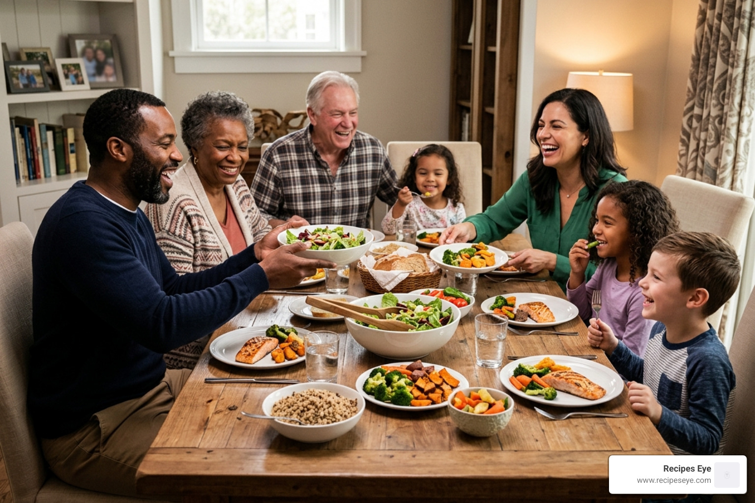 family having a healthy meal together without screens - alimentação saudável crianças