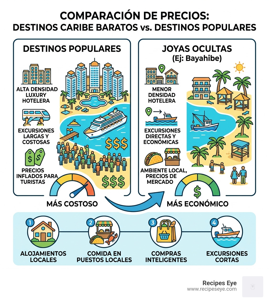 Infographic showing the price difference between popular Caribbean destinations and hidden gems like Bayahibe - destinos