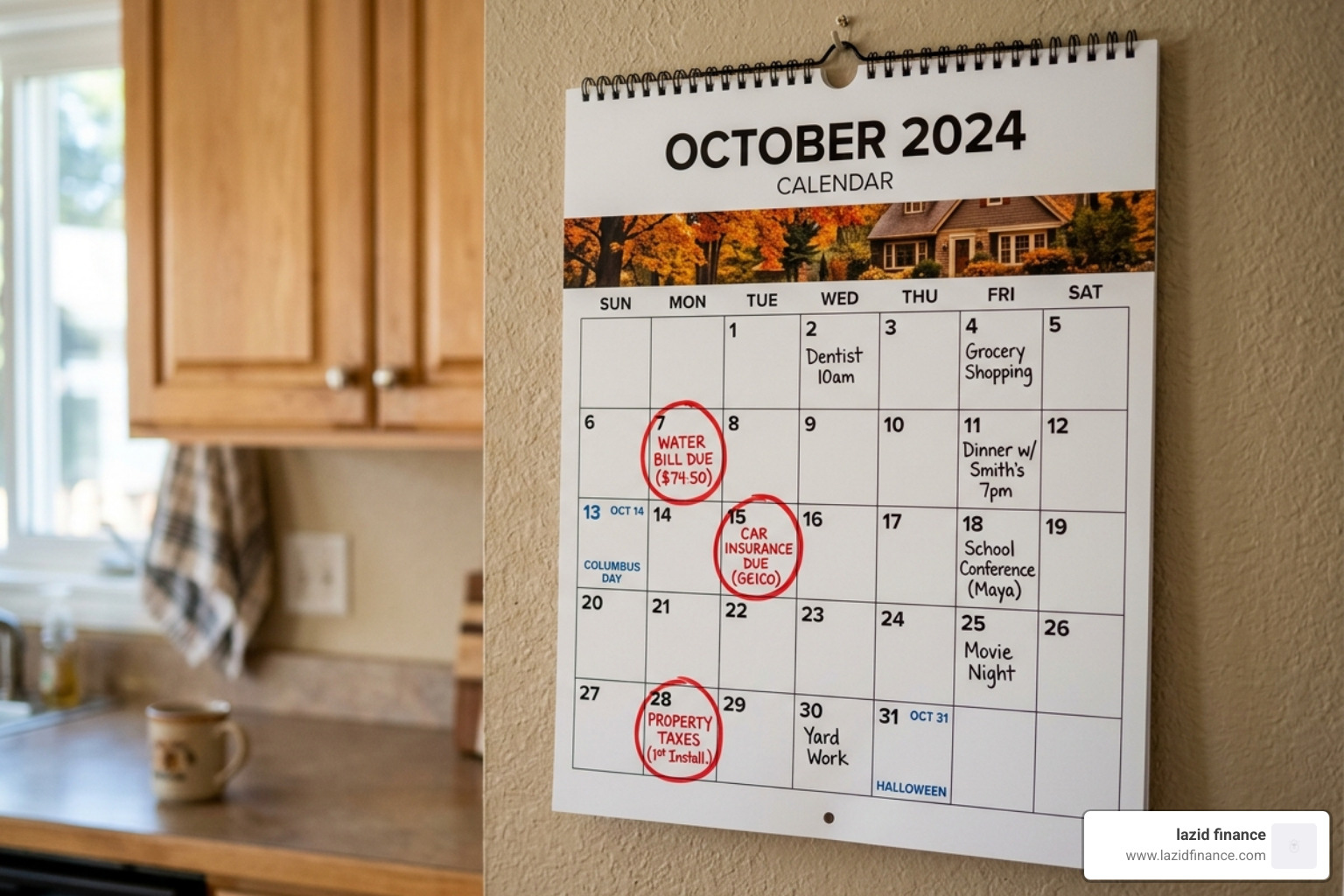 Calendar with highlighted dates for non-monthly bill reminders like insurance and taxes - household budget worksheets