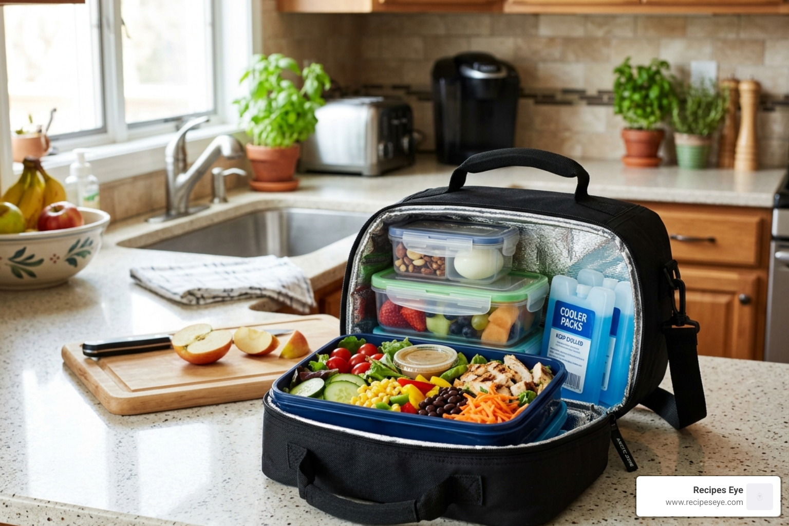 Thermal bag with organized lunchboxes and ice packs - saladas nutritivas viagem longa