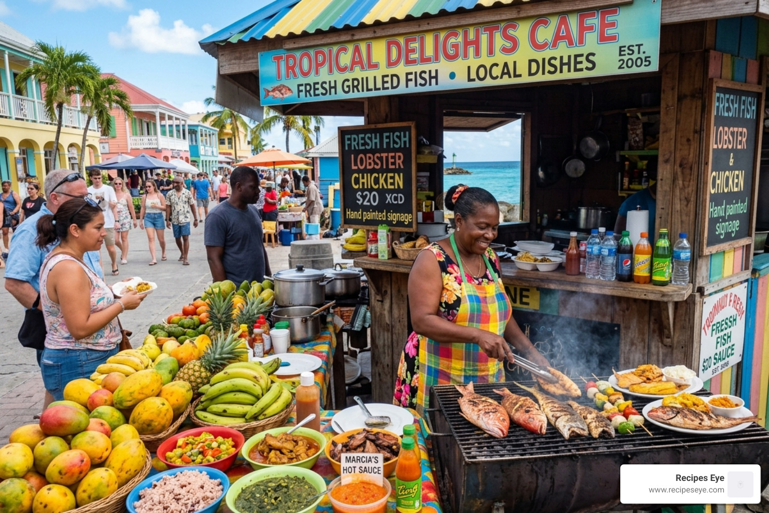 Local Caribbean street food, fresh fish and tropical fruits - destinos caribe baratos