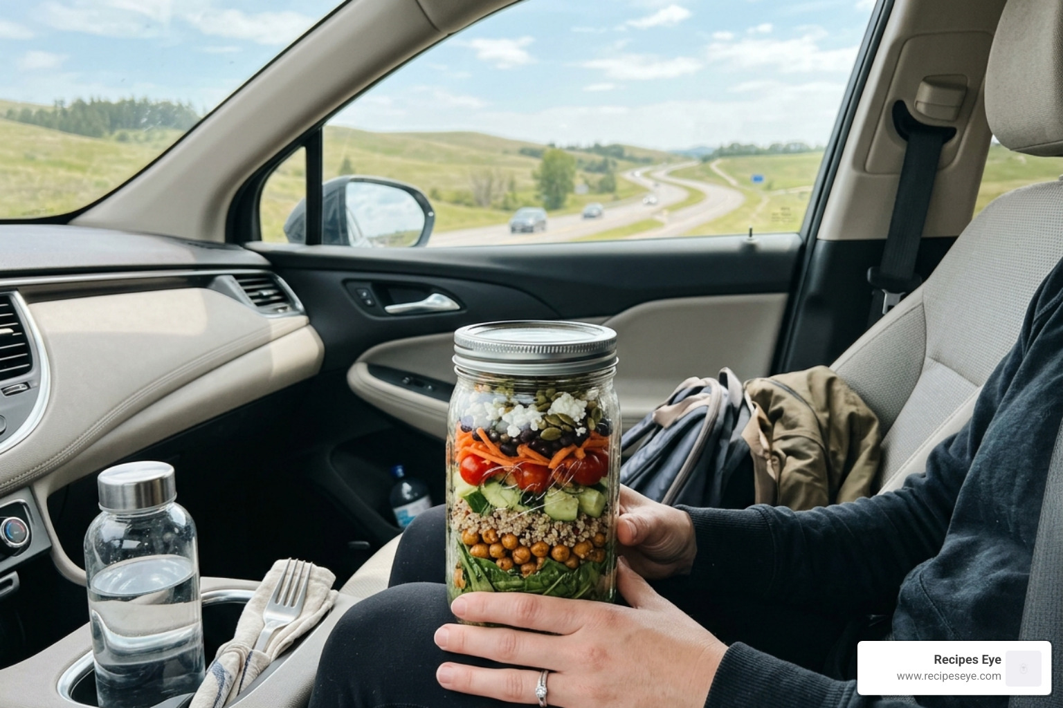 Mediterranean chickpea salad in a portable container - saladas nutritivas viagem longa