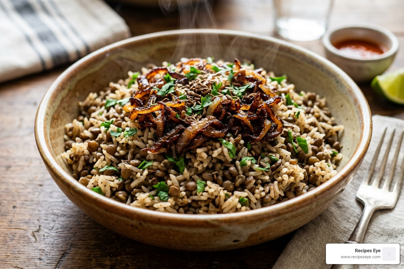 arroz com lentilha mjadra com cebolas caramelizadas por cima - Receitas com lentilhas